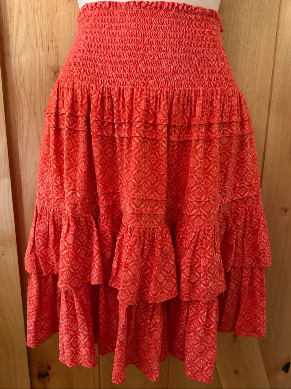 Lauren Ralph Lauren Coral Orange Smocked Tiered Ruffle Mini Skirt Boho Size 8